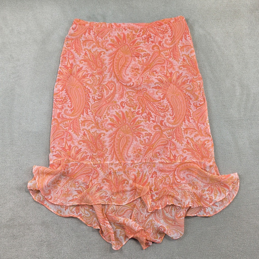 Banana Republic Size 10 Silk Paisley Ruffle High Low Skirt Orange Pink Floral
